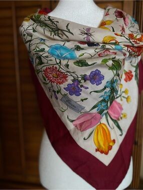 Gucci Floral Silk Scarf in Cream, Purple, Pink, Green
